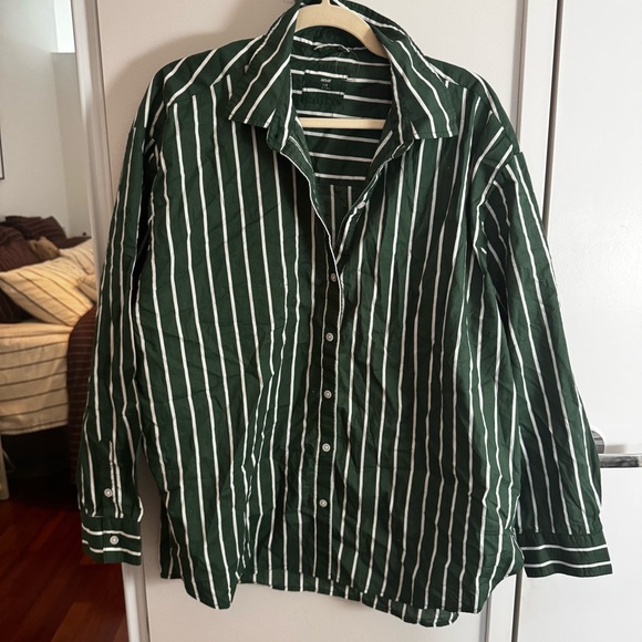 Aerie Good Day Cover Up Button Down Poplin Shirt - Green & White Striped - Picture 2 of 5